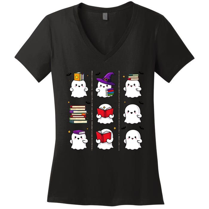 Funny Ghost Book Reading Halloween Design For Book Lovers & Teachers Women's V-Neck T-Shirt