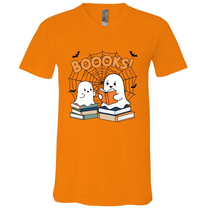 Funny Ghost Book Reading Halloween Design For Book Lovers & Teachers V-Neck T-Shirt