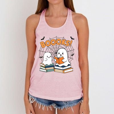 Funny Ghost Book Reading Halloween Design For Book Lovers & Teachers Women's Knotted Racerback Tank