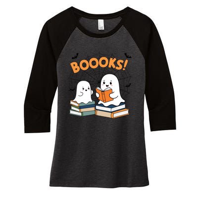 Funny Ghost Book Reading Halloween Design For Book Lovers & Teachers Women's Tri-Blend 3/4-Sleeve Raglan Shirt