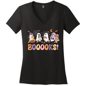 Funny Ghost Book Reading Halloween Booooks Lover Teacher Women's V-Neck T-Shirt