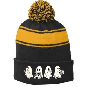 Funny Ghost Book Reading Halloween Books Lover Teacher Stripe Pom Pom Beanie