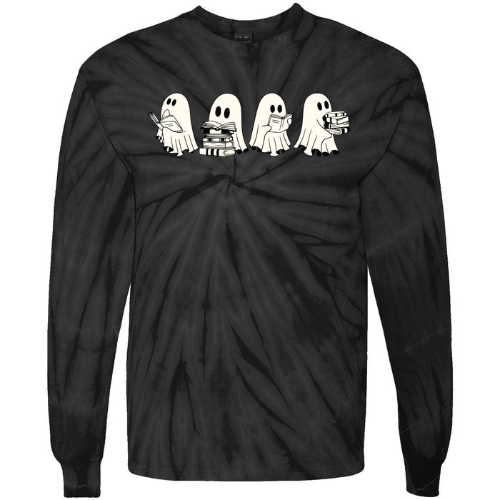 Funny Ghost Book Reading Halloween Books Lover Teacher Tie-Dye Long Sleeve Shirt