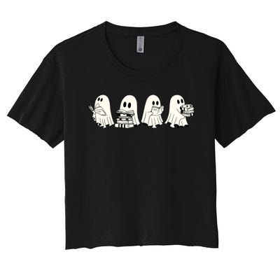 Funny Ghost Book Reading Halloween Books Lover Teacher Women's Crop Top Tee