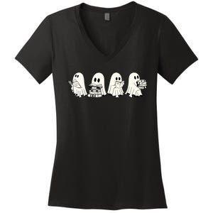 Funny Ghost Book Reading Halloween Books Lover Teacher Women's V-Neck T-Shirt