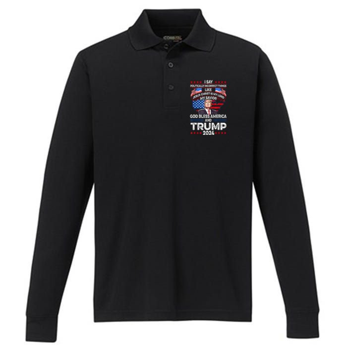 Funny God Bless America Jesus Christ Is My Lord Trump 2024 Gift Performance Long Sleeve Polo