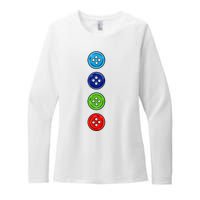 Four Groovy Buttons Blue Cat Funny Halloween Costume Womens CVC Long Sleeve Shirt