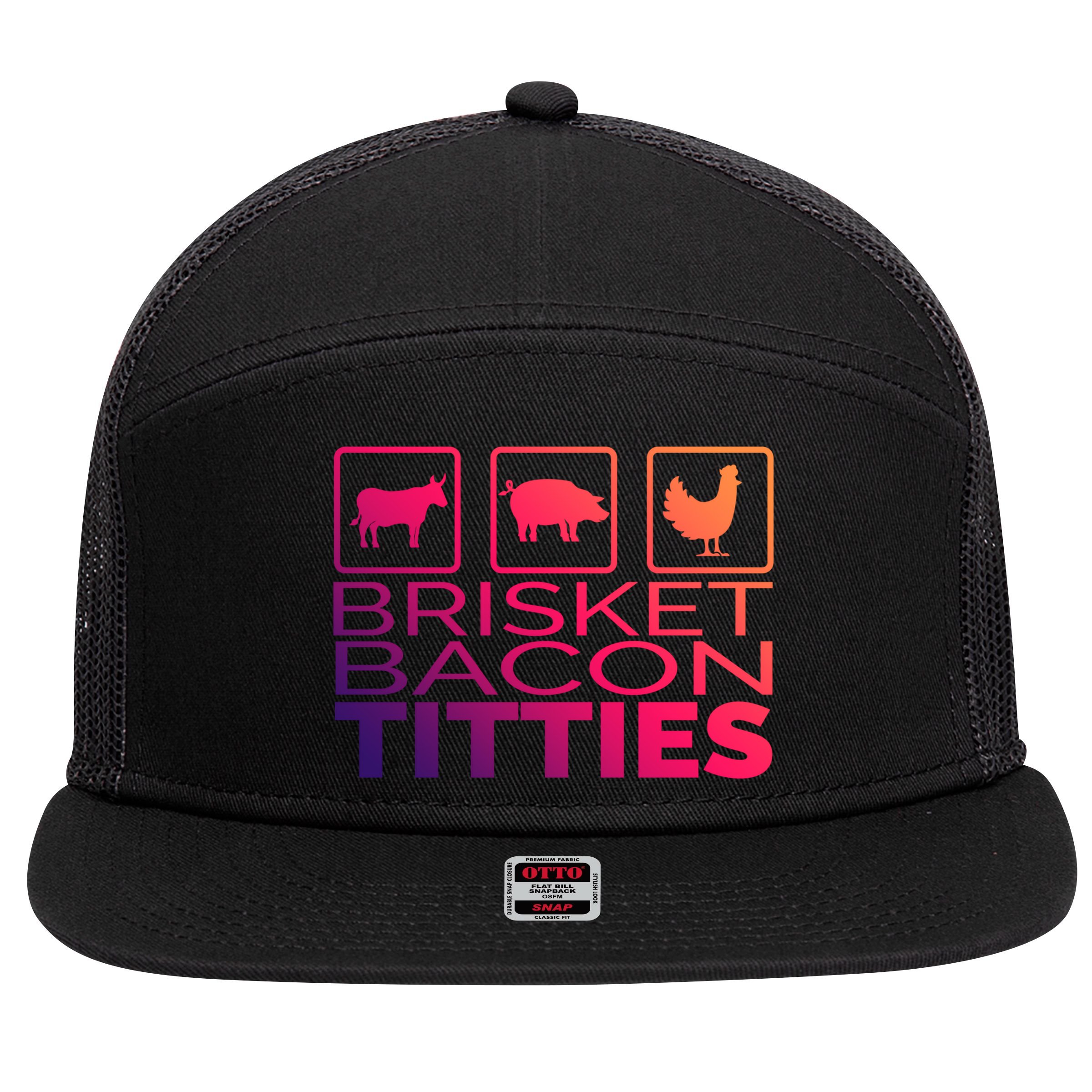 Funny Grill Brisket Bacon Titties Barbecue Dad Fathers Day Gift 7 Panel Mesh Trucker Snapback Hat