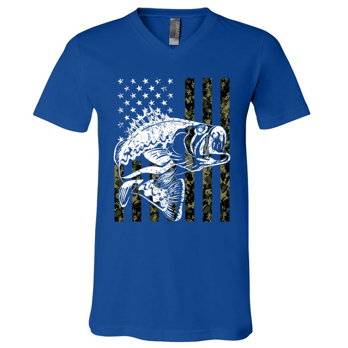 Fishing Gift Camouflage American Flag Fisher V-Neck T-Shirt