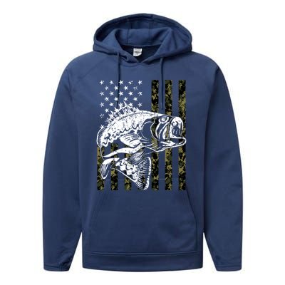 Fishing Gift Camouflage American Flag Fisher Performance Fleece Hoodie