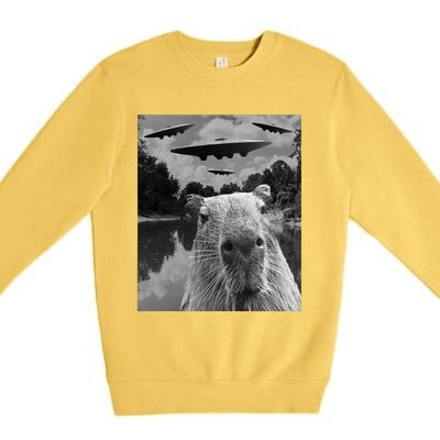 Funny Graphic Capybara Selfie With Ufos Weird Premium Crewneck Sweatshirt