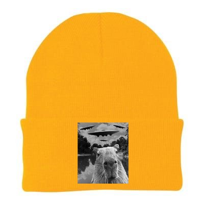 Funny Graphic Capybara Selfie With Ufos Weird Knit Cap Winter Beanie