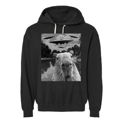 Funny Graphic Capybara Selfie With Ufos Weird Garment-Dyed Fleece Hoodie