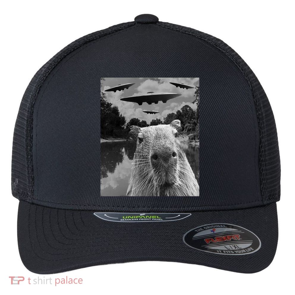 Funny Graphic Capybara Selfie With Ufos Weird Flexfit Unipanel Trucker Cap