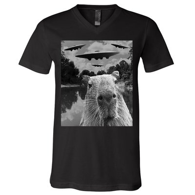Funny Graphic Capybara Selfie With Ufos Weird V-Neck T-Shirt