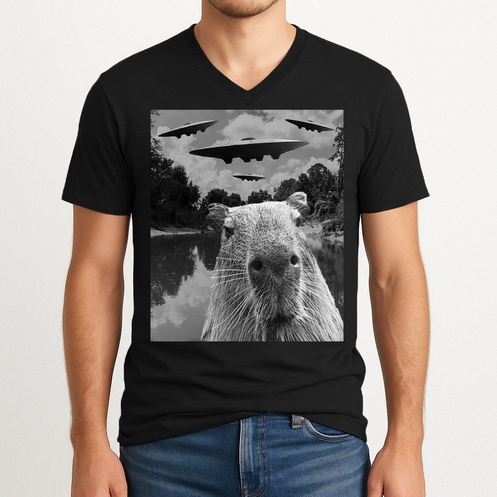 Funny Graphic Capybara Selfie With Ufos Weird V-Neck T-Shirt