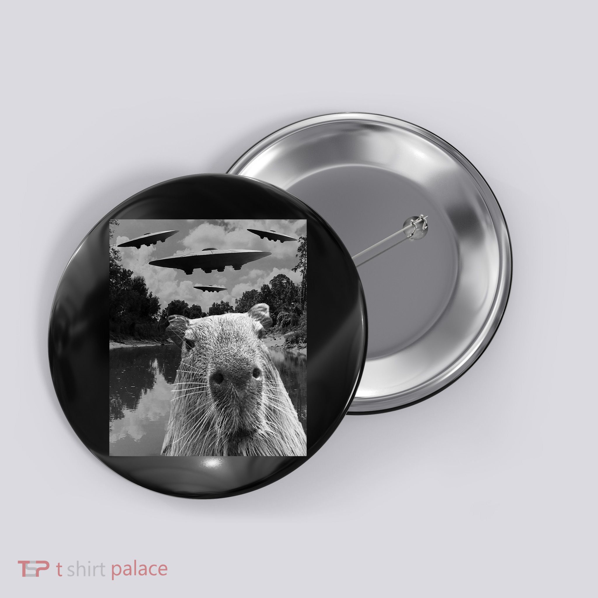 Funny Graphic Capybara Selfie With Ufos Weird Button