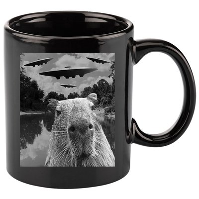 Funny Graphic Capybara Selfie With Ufos Weird 11oz C Handle Ceramic Mug