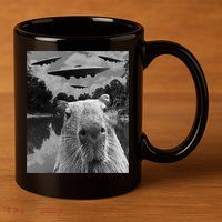 Funny Graphic Capybara Selfie With Ufos Weird 11oz C Handle Ceramic Mug