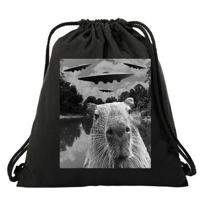 Funny Graphic Capybara Selfie With Ufos Weird Drawstring Bag