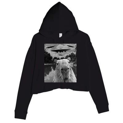 Funny Graphic Capybara Selfie With Ufos Weird Crop Fleece Hoodie