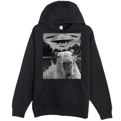 Funny Graphic Capybara Selfie With Ufos Weird Premium Pullover Hoodie