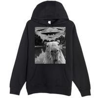 Funny Graphic Capybara Selfie With Ufos Weird Premium Pullover Hoodie