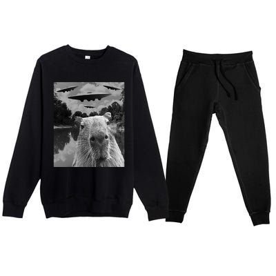 Funny Graphic Capybara Selfie With Ufos Weird Premium Crewneck Sweatsuit Set