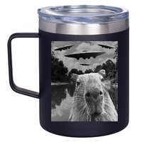 Funny Graphic Capybara Selfie With Ufos Weird 12oz Stainless Steel Coffee Mug