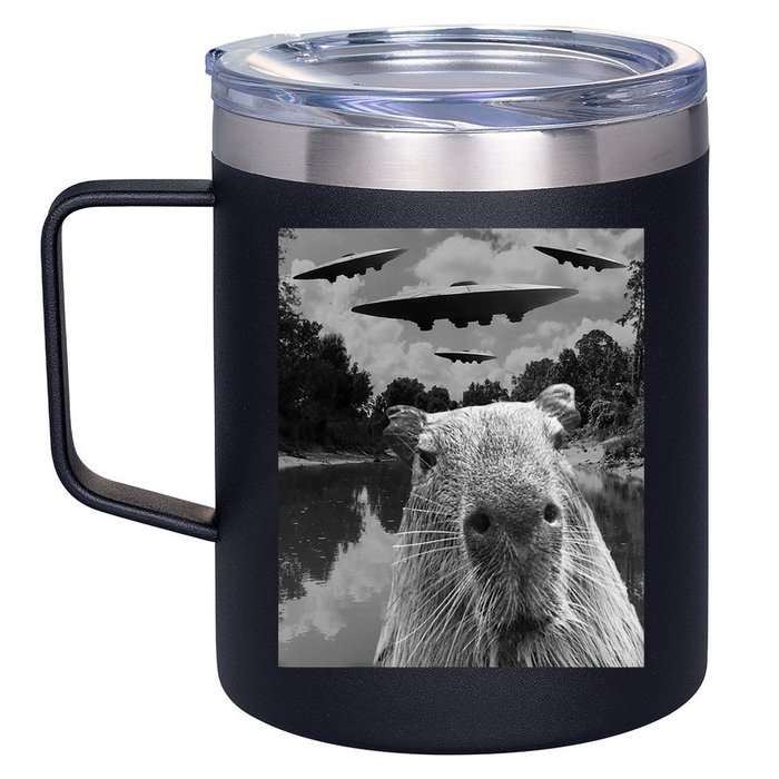 Funny Graphic Capybara Selfie With Ufos Weird 12oz Stainless Steel Coffee Mug