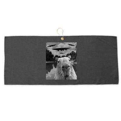 Funny Graphic Capybara Selfie With Ufos Weird Large Microfiber Waffle Golf Towel