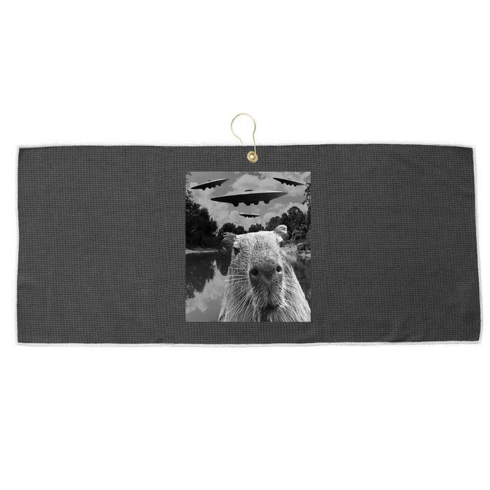 Funny Graphic Capybara Selfie With Ufos Weird Large Microfiber Waffle Golf Towel