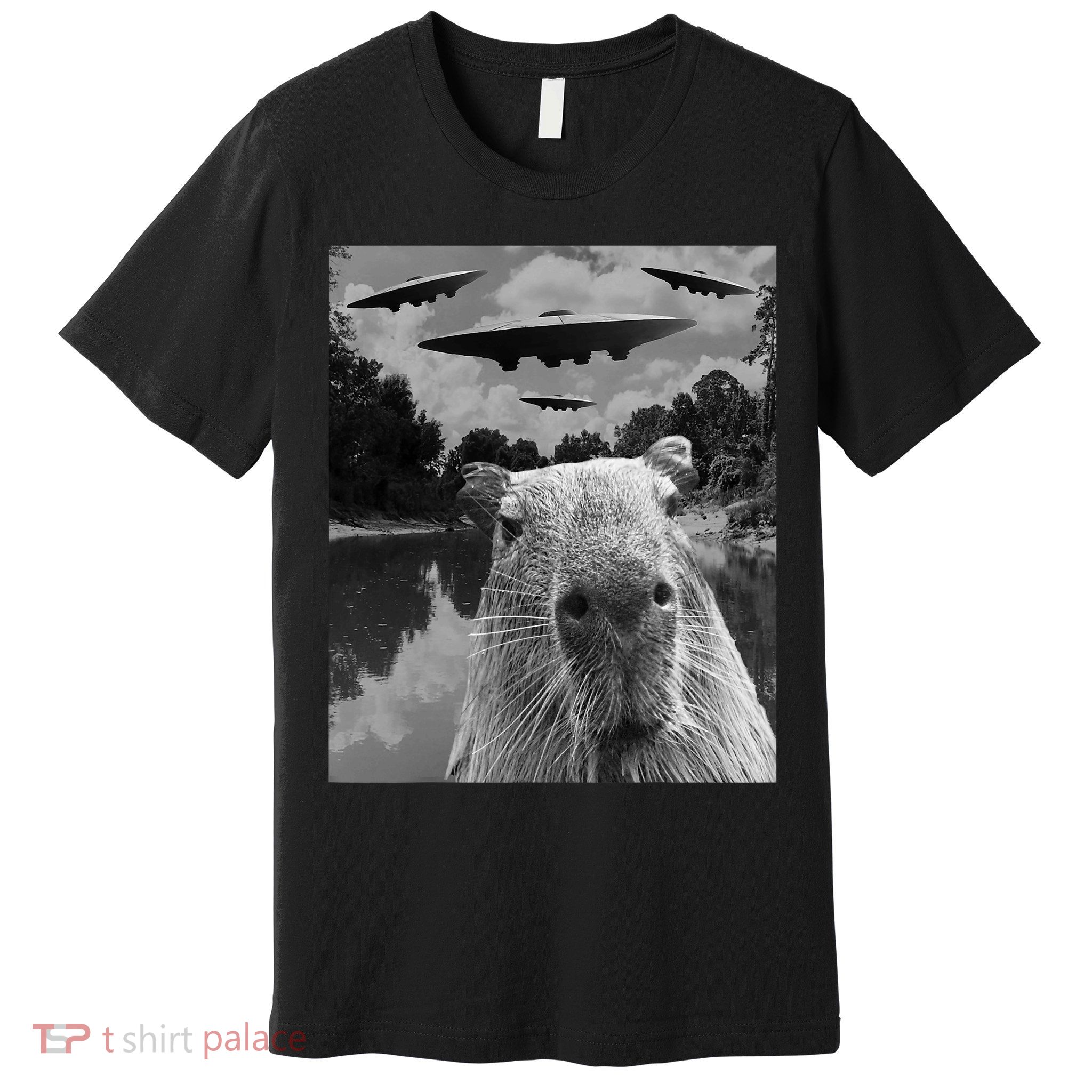 Funny Graphic Capybara Selfie With Ufos Weird Premium T-Shirt