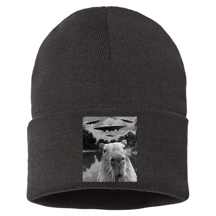 Funny Graphic Capybara Selfie With Ufos Weird Sustainable Knit Beanie