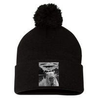Funny Graphic Capybara Selfie With Ufos Weird Pom Pom 12in Knit Beanie