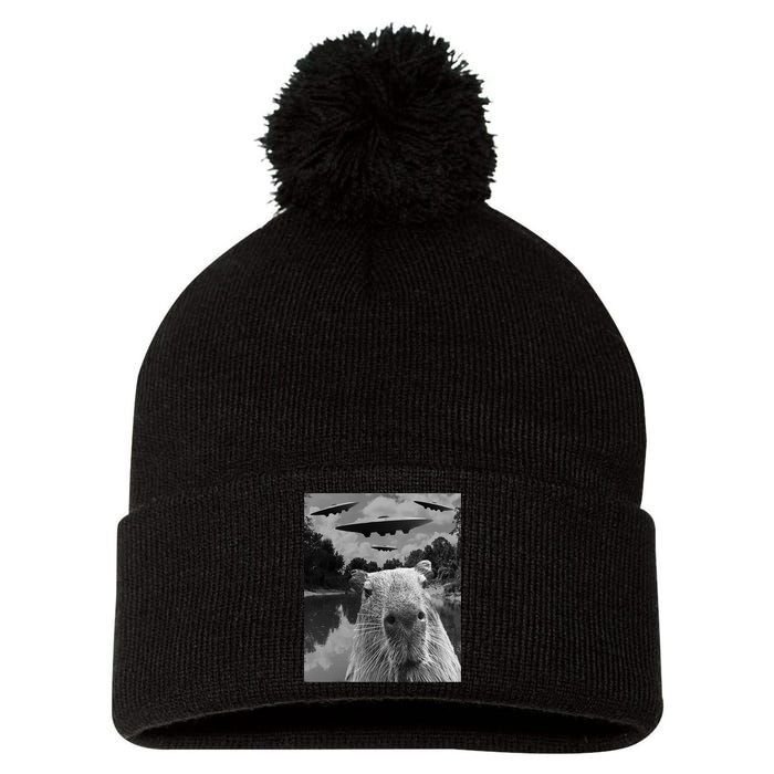 Funny Graphic Capybara Selfie With Ufos Weird Pom Pom 12in Knit Beanie