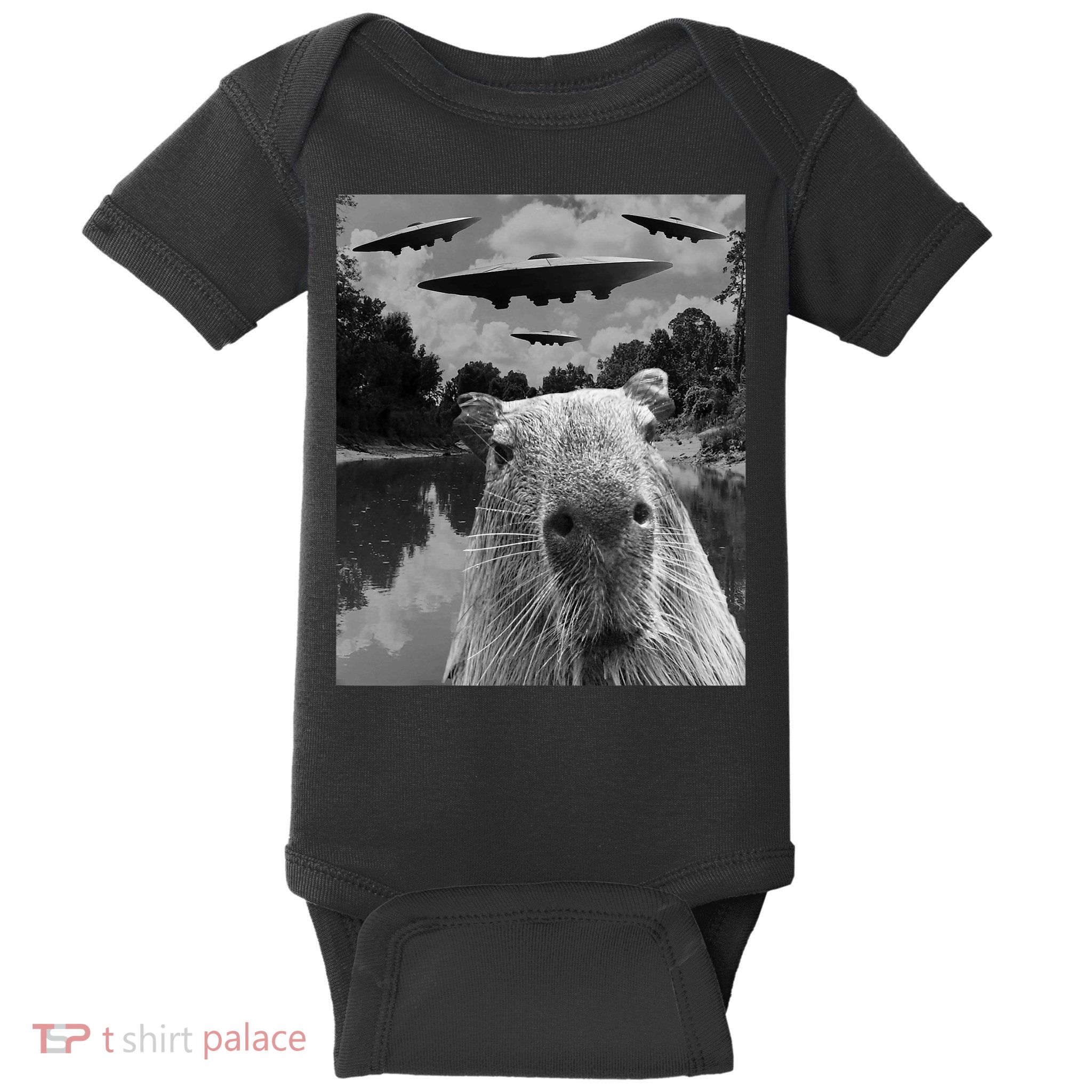 Funny Graphic Capybara Selfie With Ufos Weird Baby Bodysuit