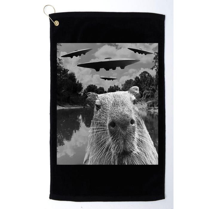 Funny Graphic Capybara Selfie With Ufos Weird Golf Towel
