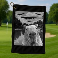 Funny Graphic Capybara Selfie With Ufos Weird Golf Towel