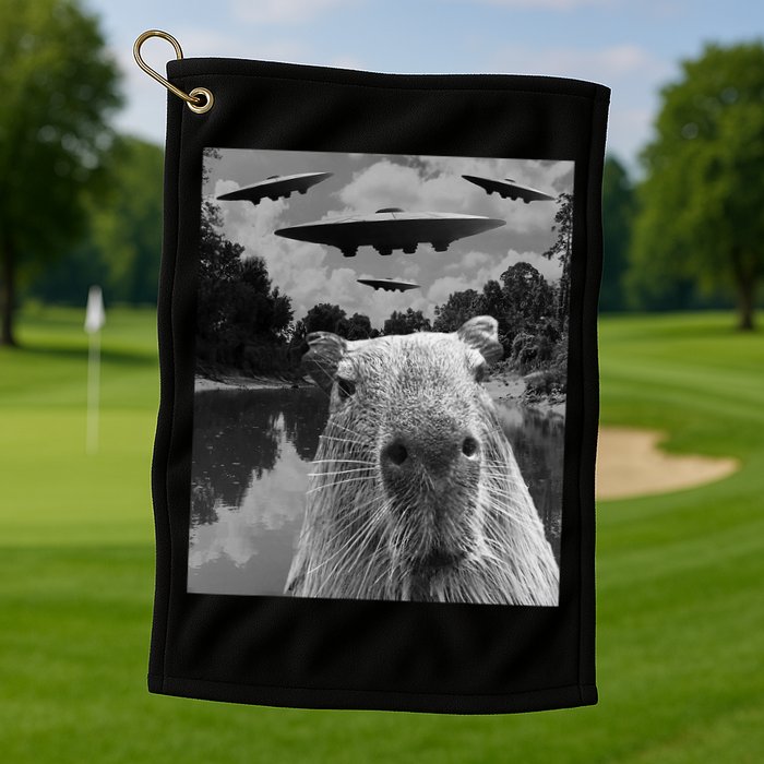 Funny Graphic Capybara Selfie With Ufos Weird Golf Towel
