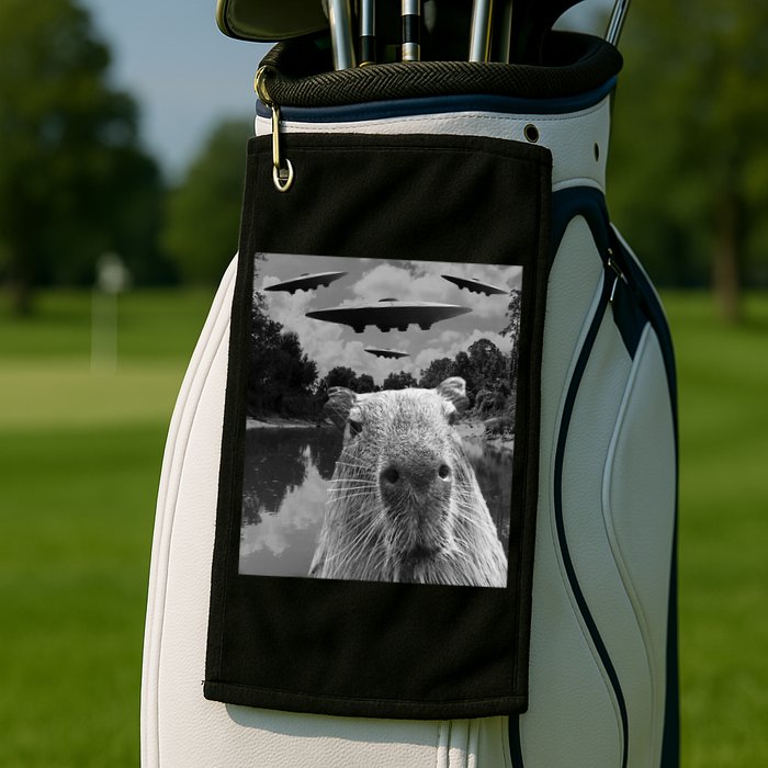 Funny Graphic Capybara Selfie With Ufos Weird Golf Towel