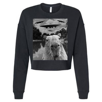 Funny Graphic Capybara Selfie With Ufos Weird Cropped Pullover Crew