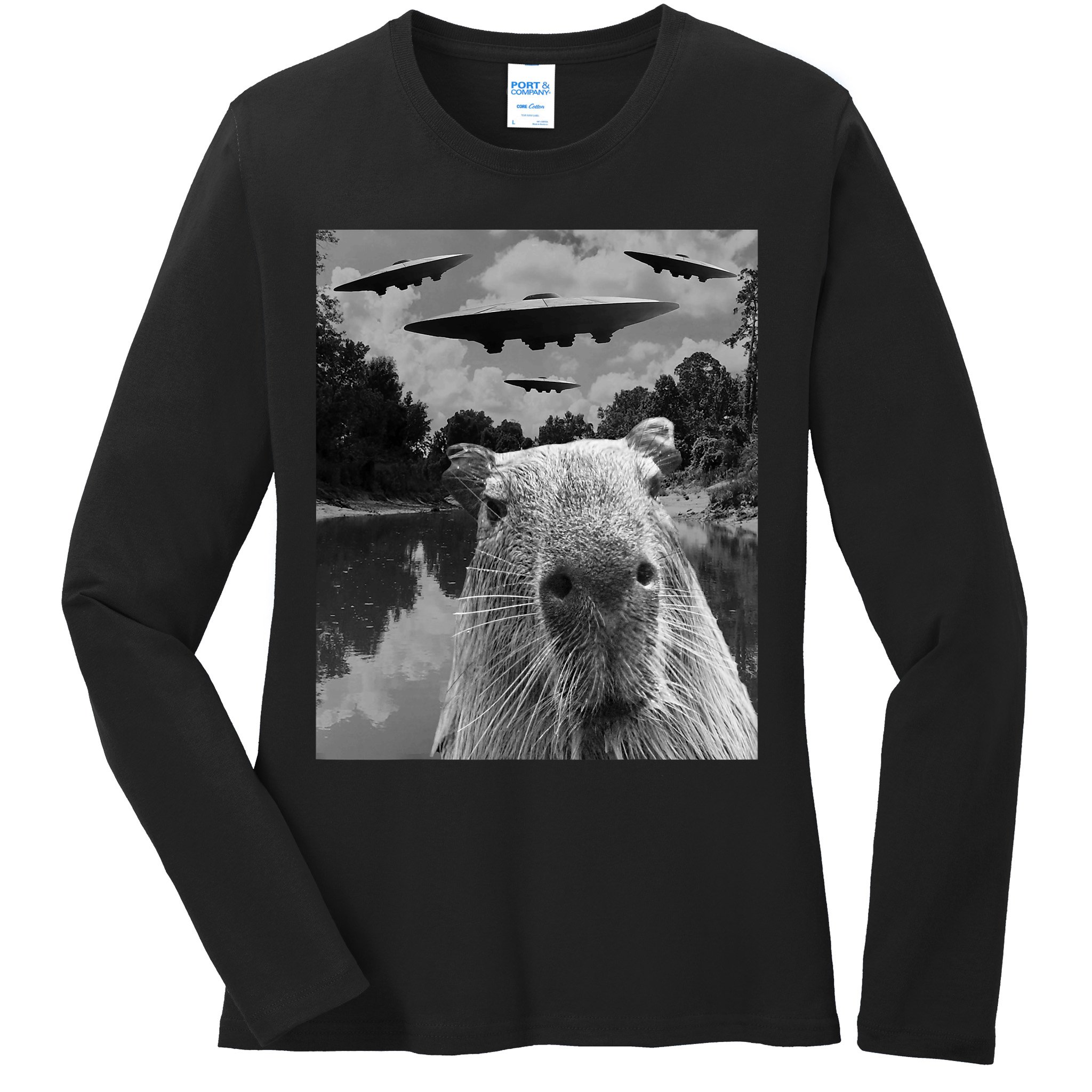 Funny Graphic Capybara Selfie With Ufos Weird Ladies Long Sleeve Shirt