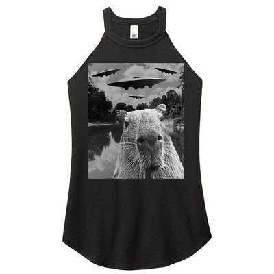 Funny Graphic Capybara Selfie With Ufos Weird Women's Perfect Tri Rocker Tank