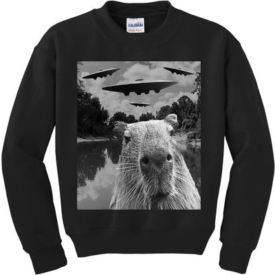 Funny Graphic Capybara Selfie With Ufos Weird Kids Sweatshirt