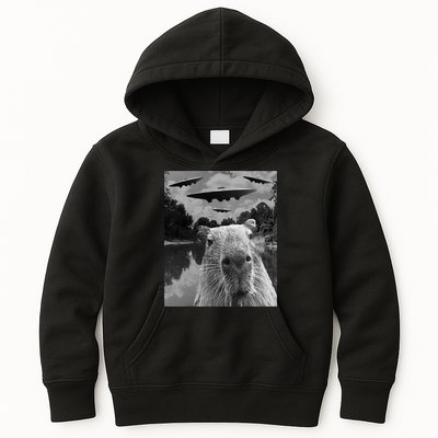 Funny Graphic Capybara Selfie With Ufos Weird Kids Hoodie