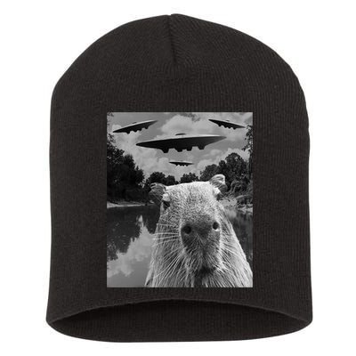 Funny Graphic Capybara Selfie With Ufos Weird Short Acrylic Beanie