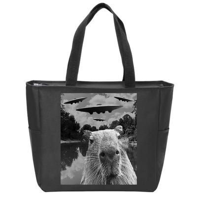 Funny Graphic Capybara Selfie With Ufos Weird Zip Tote Bag