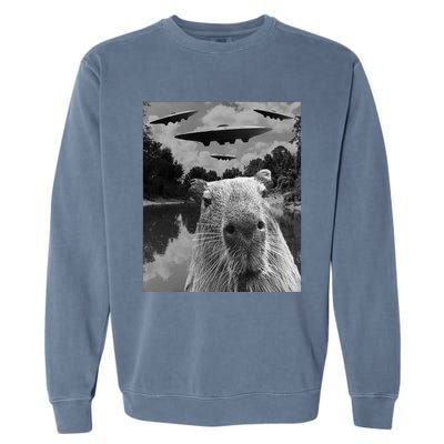 Funny Graphic Capybara Selfie With Ufos Weird Garment-Dyed Sweatshirt