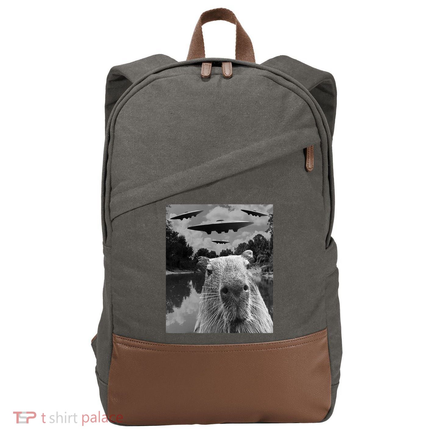 Funny Graphic Capybara Selfie With Ufos Weird Cotton Canvas Backpack